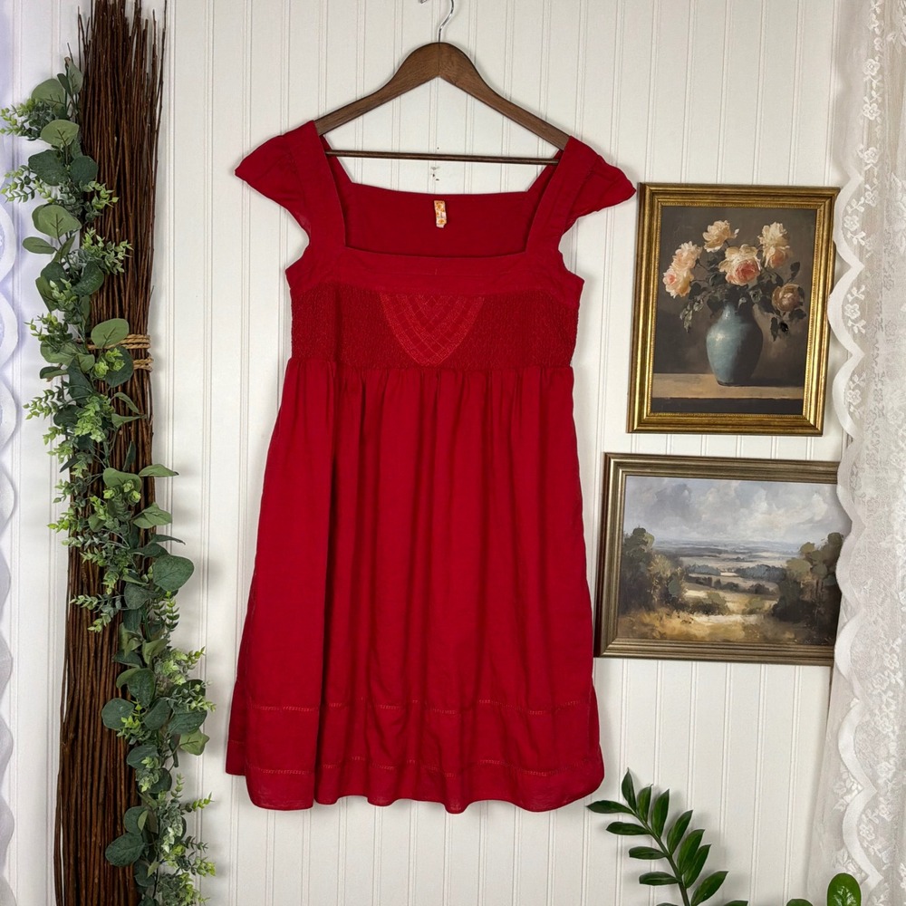 Maeve Mini Dress Womens Size 4 Red Excellent Smocked Cotton Flutter Sleeve
